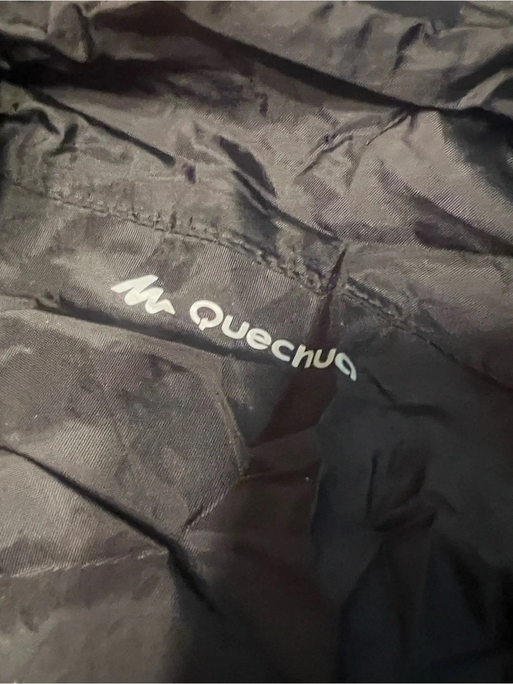 Quechua Packable Black Hooded Rain Anorak with Orange Drawcords
